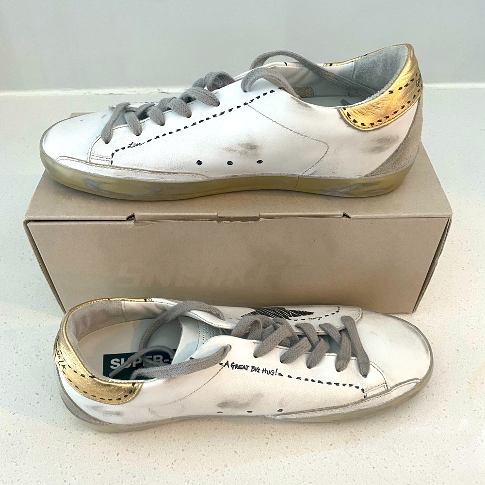 Golden Goose Super-Star Classic With Spur Women’s size 10. White/Black/Gold/Ice
